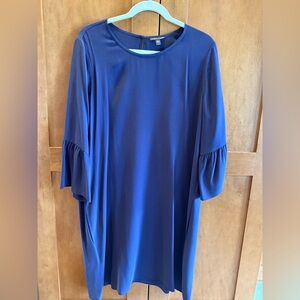 Eileen Fisher 100% Silk Shift Dress Navy Blue M | Lantern Sleeves Minimalist
